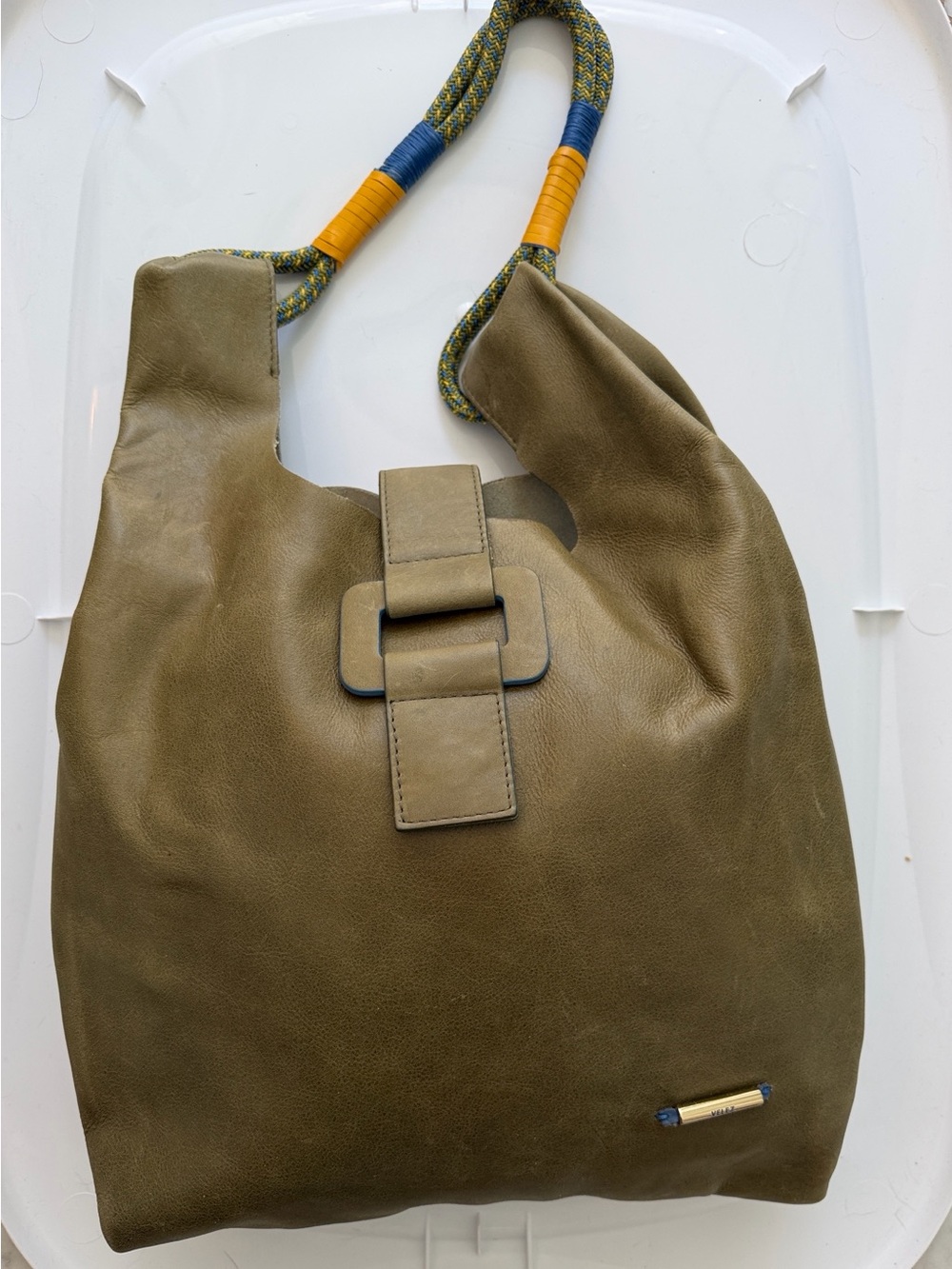 Olive Leather Shoulder Hobo with Rope Accent